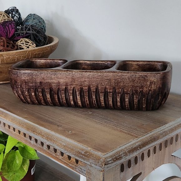 🌍 Rustic Brown Wooden Tray – Handcrafted in India 3-Compartment Organizer cute - Picture 2 of 16